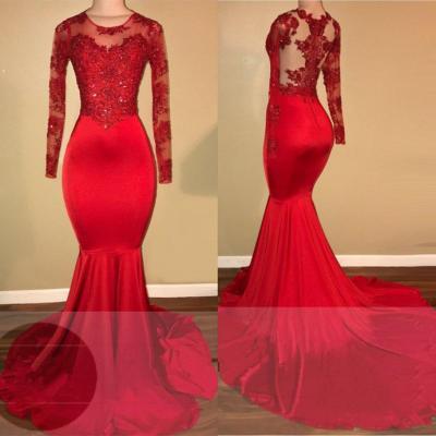 Long Sleeves Red Mermaid Prom Dress with Appliques , Long Prom Dress,Prom Dresses,Evening Gown,Floor Length Long Prom Dresses
