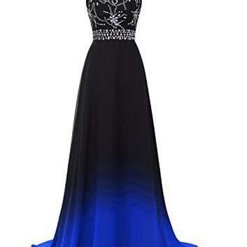 Women's Gradient Black&Blue Halter Long A-Line Prom Gown Ombre Chiffon Backless Evening Dresses,Formal long prom dresses for women, elegant sexy evening dresses, beading cocktail party dresses