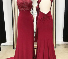 Burgundy lace long prom dress mermaid evening dress s110