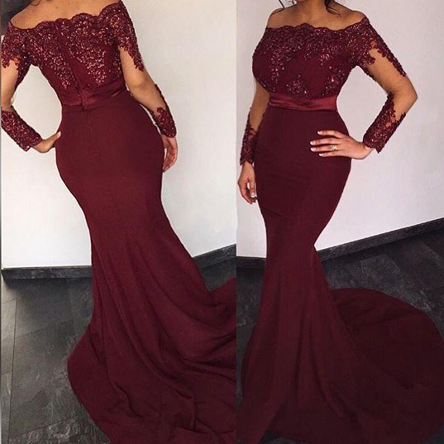 Burgundy Satin Long Sleeves Elie Saab Prom Dresses Off The Shoulder Burgundy Satin Long Sleeves Elie Saab Prom Dresses Off The Shoulder Liques Evening Mermaid Party Dress Y