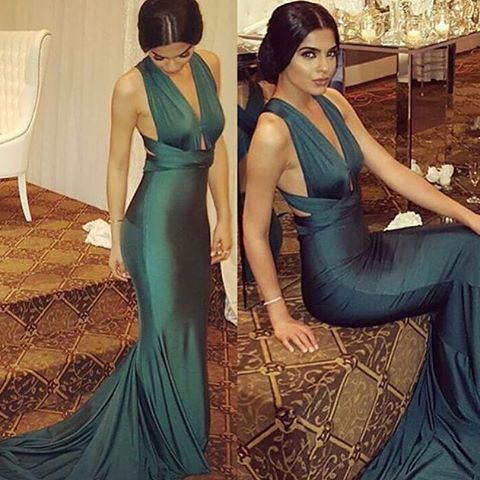 Prom Dress Dark Green Rhinestones