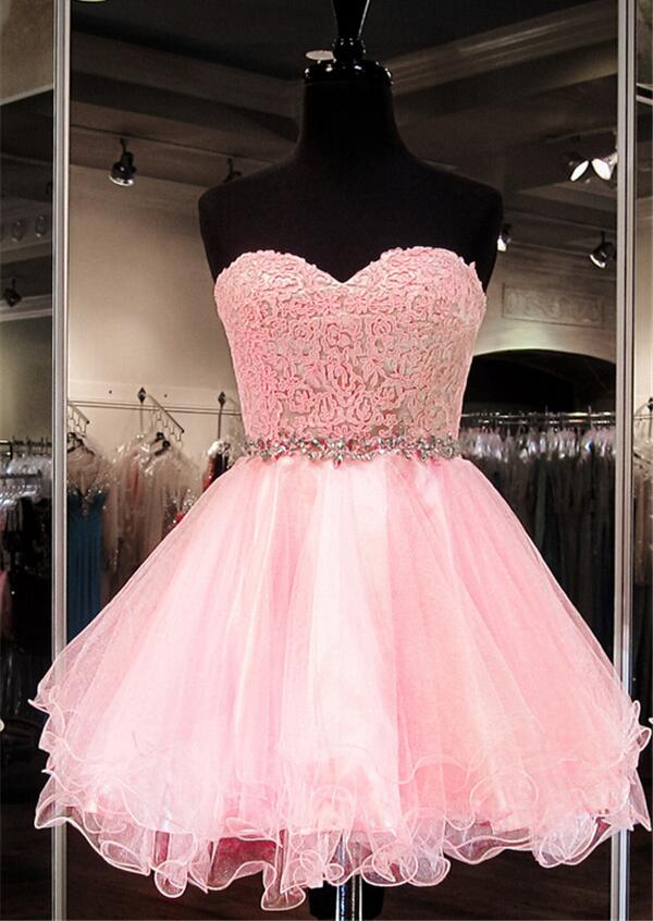 Sweetheart Neck Strapless Pink Sequins Short Prom Dress, Pink