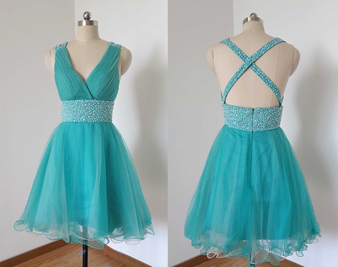 Blue Dress,Straps Prom Dresses,Tulle Gowns,Open Back Short Prom Gown on Luulla