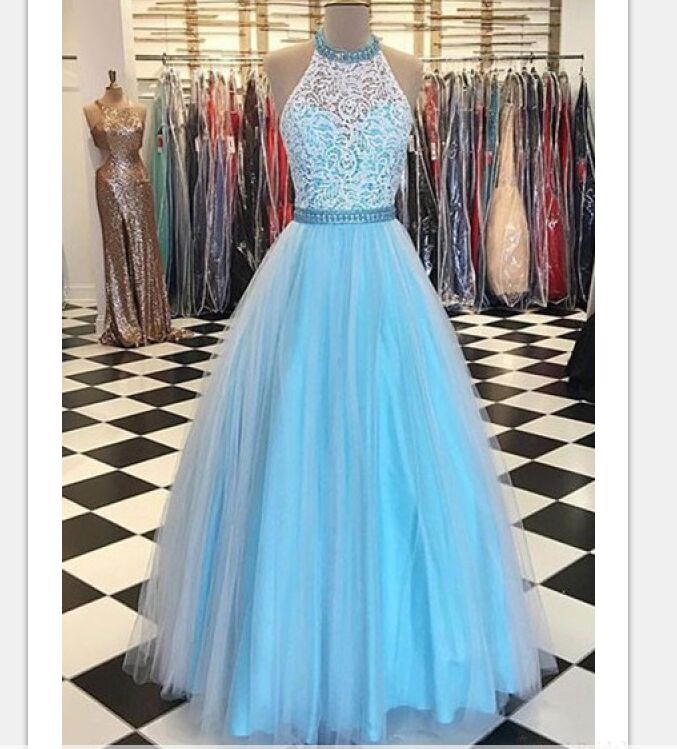 Light blue sale halter prom dress