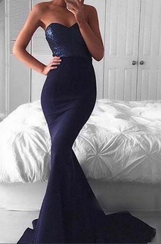 Navy Strapless Prom Dress