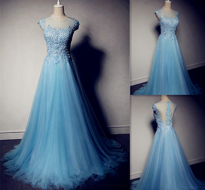 A-Line Tulle O-Neck Prom Dresses,The Charming Appliques Floor-Length ...