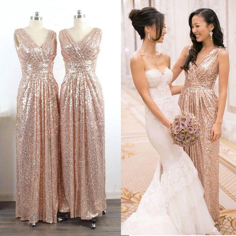 High Fashion V Neck Bridesmaid Dresses Sleeveless Pleat A Line Floor High Fashion V Neck Bridesmaid Dresses Sleeveless Pleat A Line Floor Length Long Gold Dress Sequins For Wedding Party