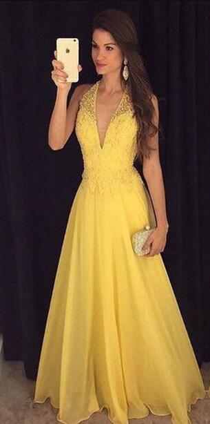 yellow v neck prom dress