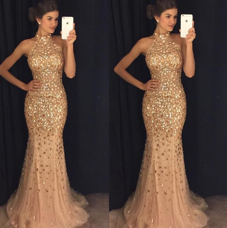 Sexy High-Neck Long Prom Dress,Beading Prom Dress,Cheap Sleeveless Open ...