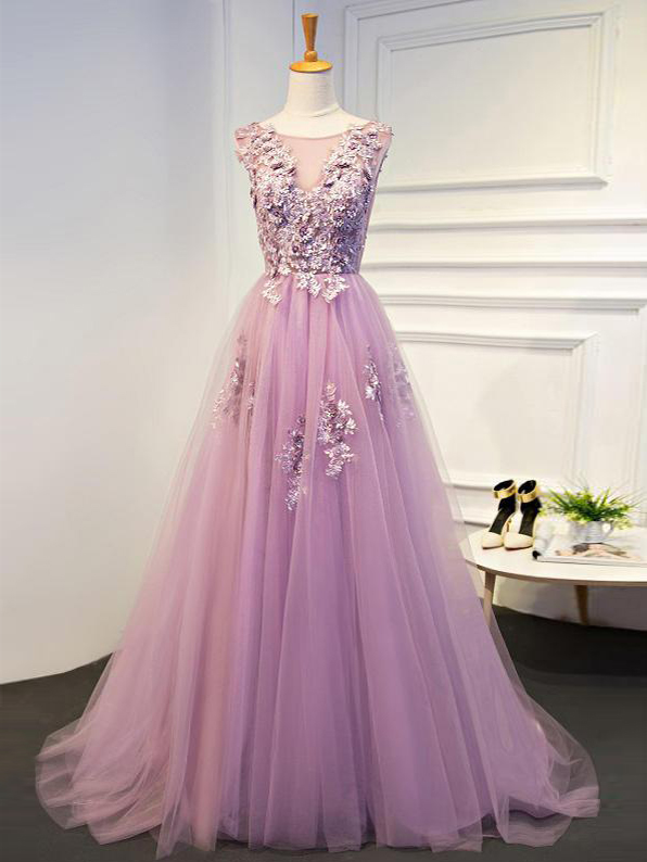 Lavender Boat Neck A-line Tulle Prom Dress, Evening Dress on Luulla