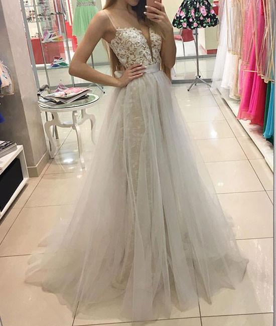 A-line V Neck White Prom Dress Formal Gown Y428