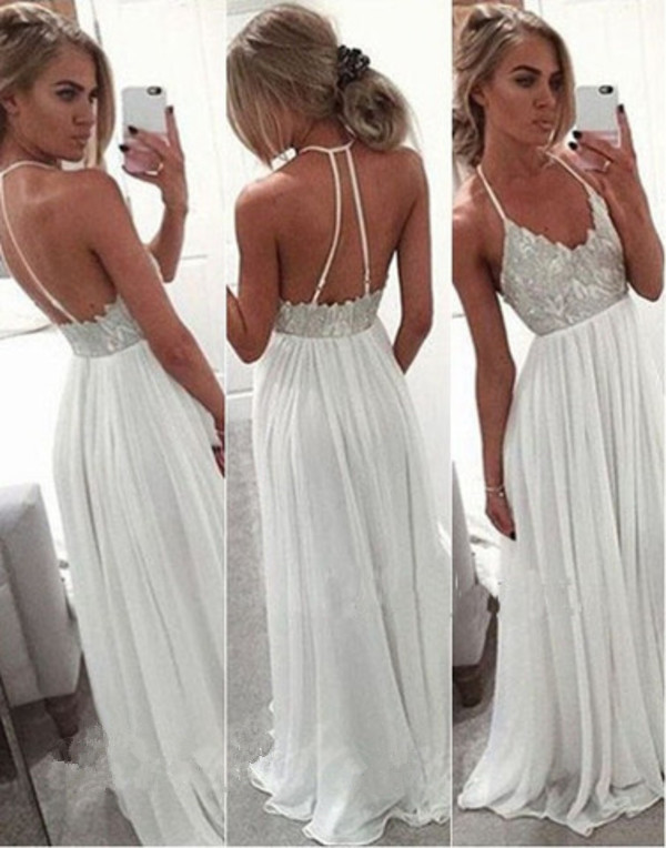 white spaghetti strap prom dress