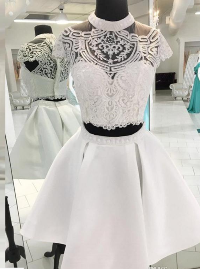 Stunning Two Pieces Dresses Sheer High Neck Capped Short