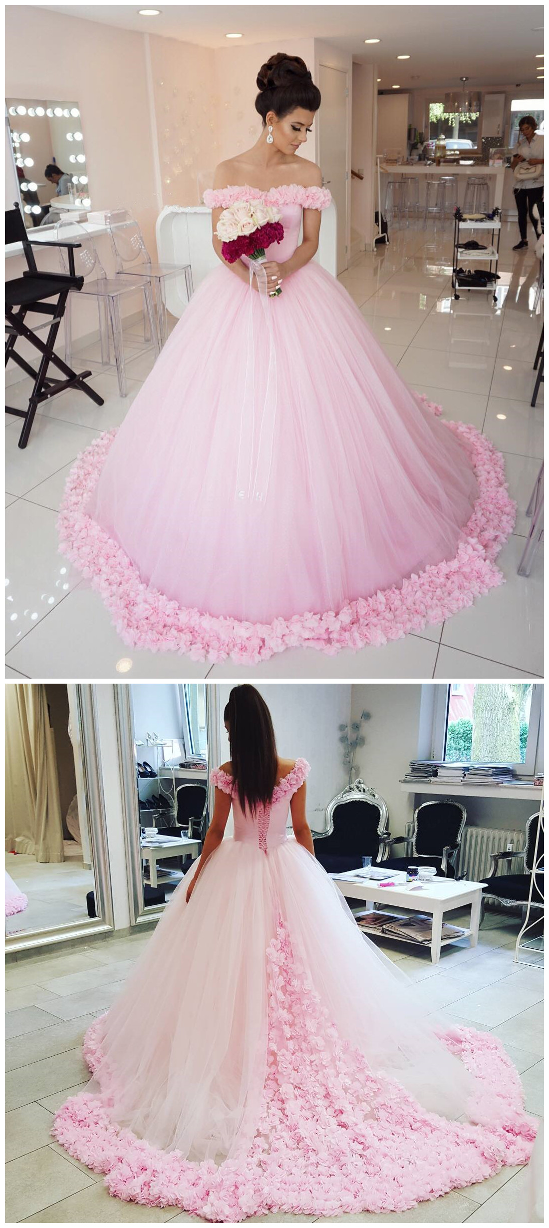 New Arrival Wedding Dress Modest Prom Sparkly Flower New Arrival Wedding Dress Modest Prom Sparkly Flower Pink Ball Gown