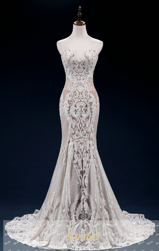 Long Mermaid Sequin Wedding Dresses Lace Sexy Prom Gown Formal