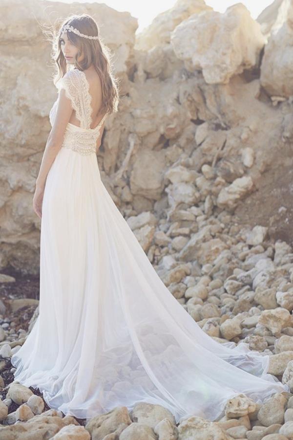 Cap Sleeves Long Wedding Dress Lace Beading Ivory Beach Wedding