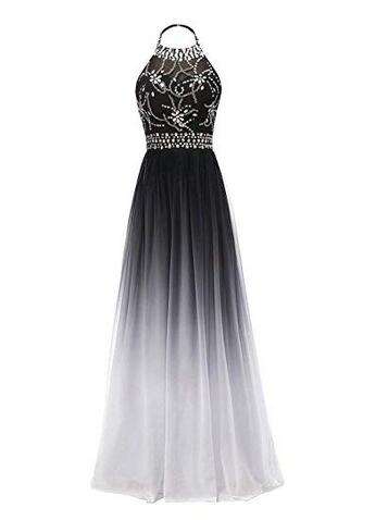 Women's Gradient Black & White Halter Long A-Line Prom Gown Ombre Chiffon  Backless Evening Dresses,F on Luulla