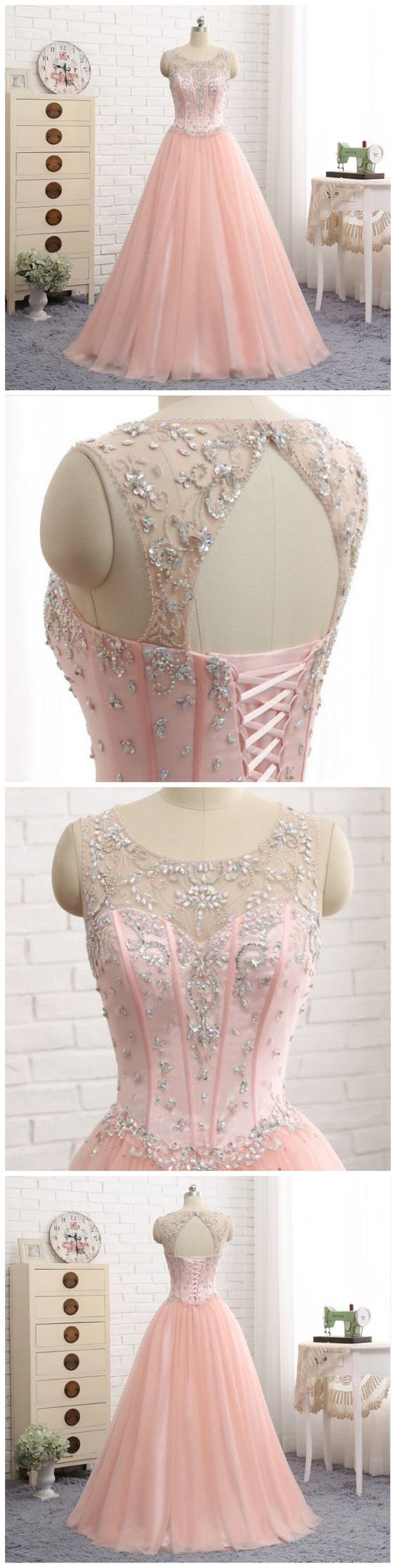 Sexy Open Back Prom Dress, Scoop Neckline Blush Pink Evening Dress