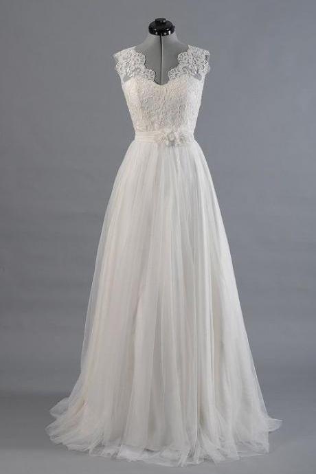 Wedding Dress,princess A Line V Neck Empire Waist White Lace Wedding Dresses,custom Made Wedding Dress