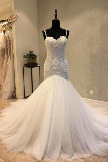 Mermaid Open Back Wedding Dress,spaghetti Straps Mermaid Lace Bridal Dress