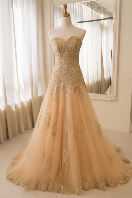 Strapless Champagne Wedding Dress,Appliques evening dresses,Tulle Wedding Dresses