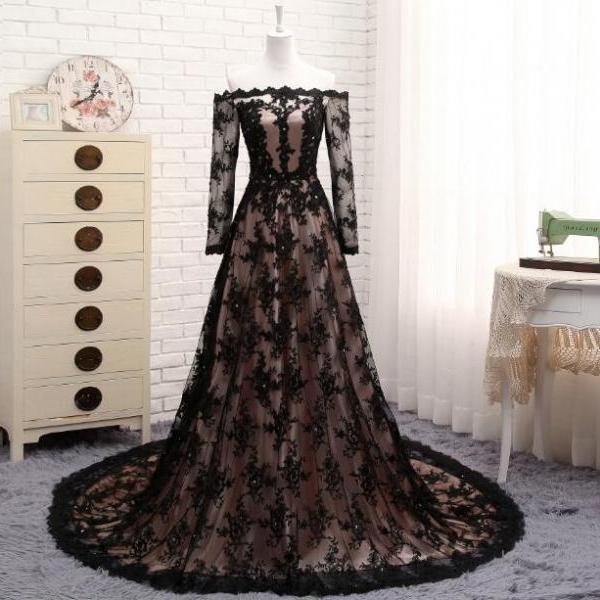 Black Lace Evening Dress With Long Sleeves Formal Party Gowns Arabic ...