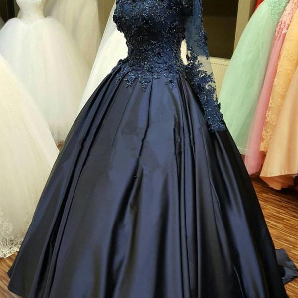 Navy Prom Dresses,ball Gown Pageant Dress, Long Sleeves Prom Dress ...