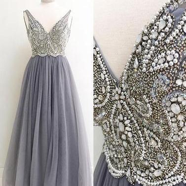 Rhinestone Beaded Light Grey Prom Dresses, Long A-line Prom Dress ...