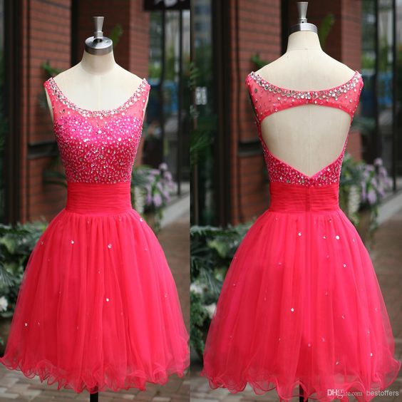 Real Iamge Prom Dresses Sexy Cheap A-line Watermelon Scoop Keyhole Back ...