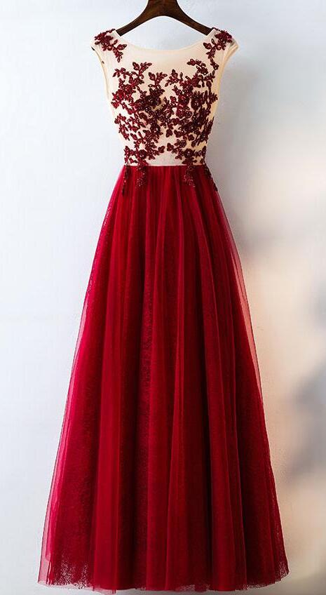 Burgundy Prom Dress,Tulle Lace Prom Gown,Applique Long Prom Dress,Cap ...