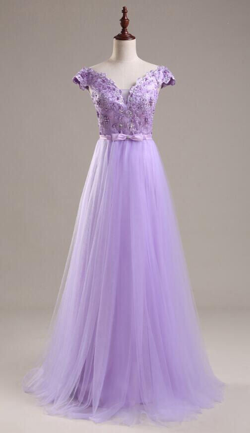 Cap Sleeves Appliques Long Prom Dresses,Light Purple Prom Dress,Cheap
