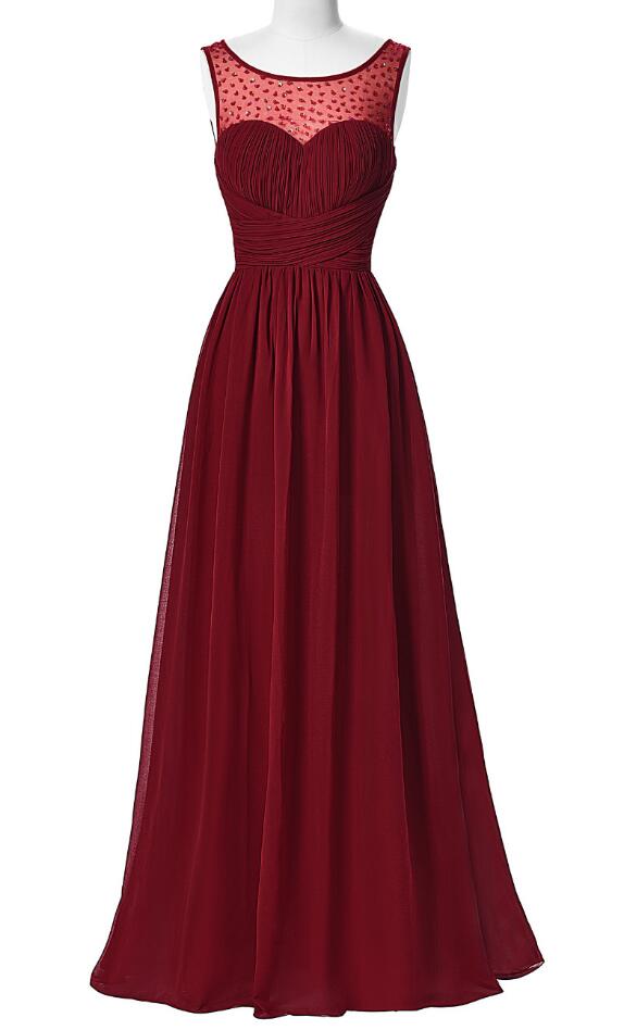 Sleeveless Burgundy Prom Dresses ,vback Chiffon Long Prom Dress