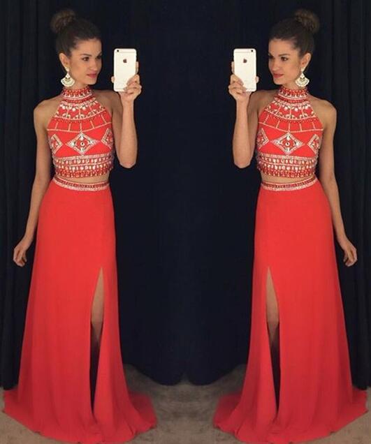 Sexy Two Pieces Open Back  Lace Tulle Ruffle Long Evening Prom Dresses, 17550