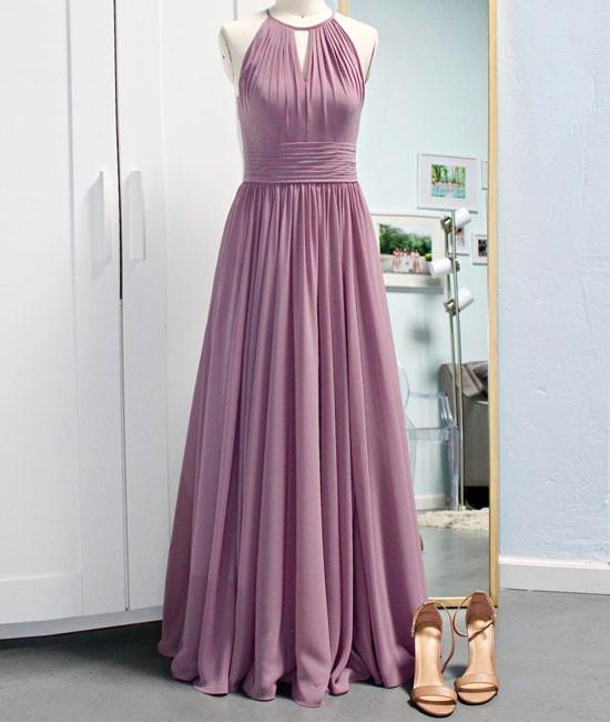 Simple pink chiffon long prom dress pink evening dress,DS2346