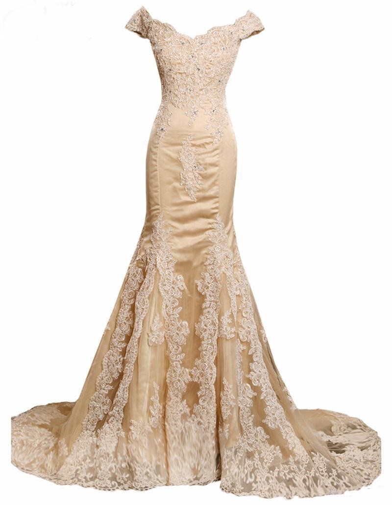Elegant Champagne Prom Dress,Mermaid VNeck Prom Dresses,Appliques