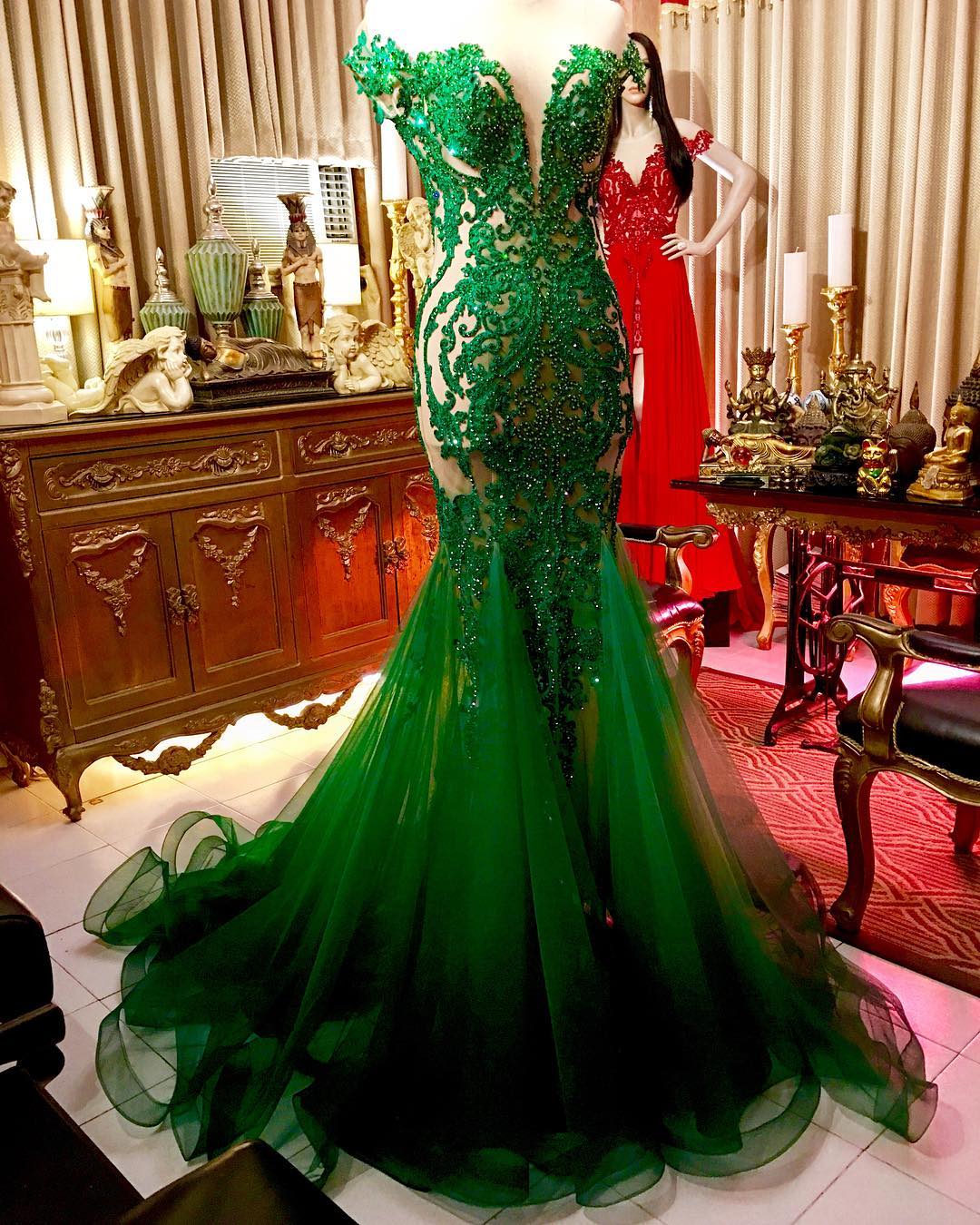 Illusion Back Green Mermaid Prom Dress With Beading , Long Prom Dress