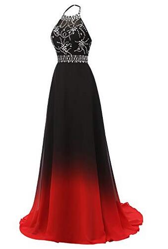 Women's Gradient Black&red Halter Long A-line Prom Gown Ombre Chiffon ...