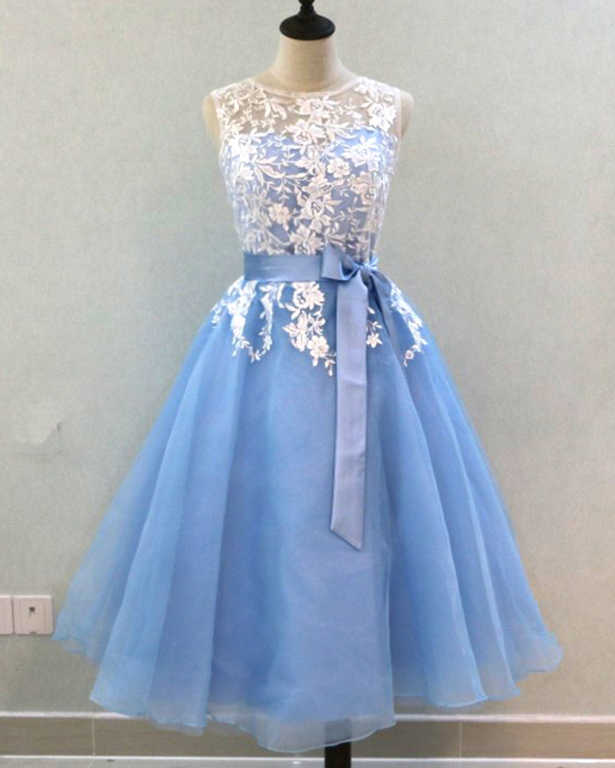 Light Blue Tulle Mid Length Lace Bridesmaid Dress, Prom Dress ...